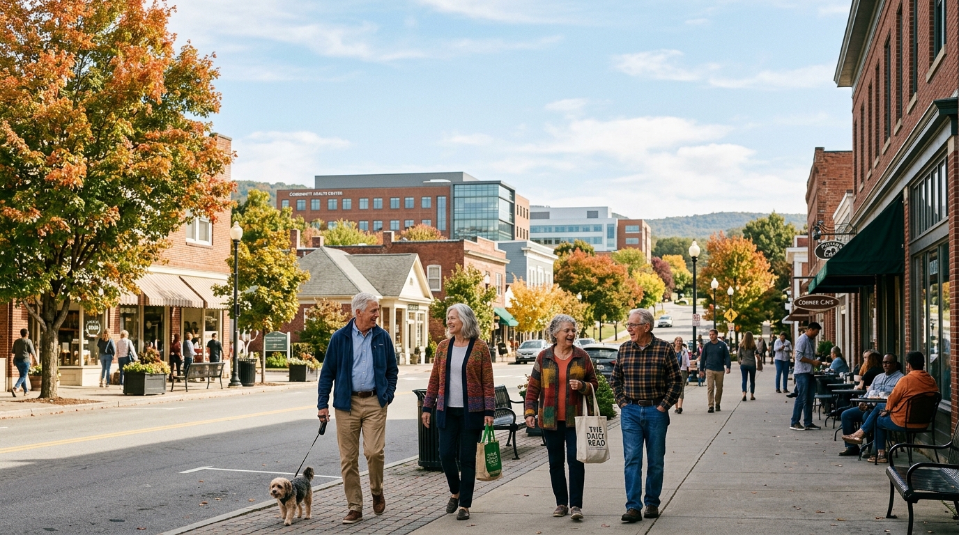 Retirees and a small dog walking down a tree-lined main street in autumn, with local shops, outdoor cafe seating, and a community health center building visible in the background.