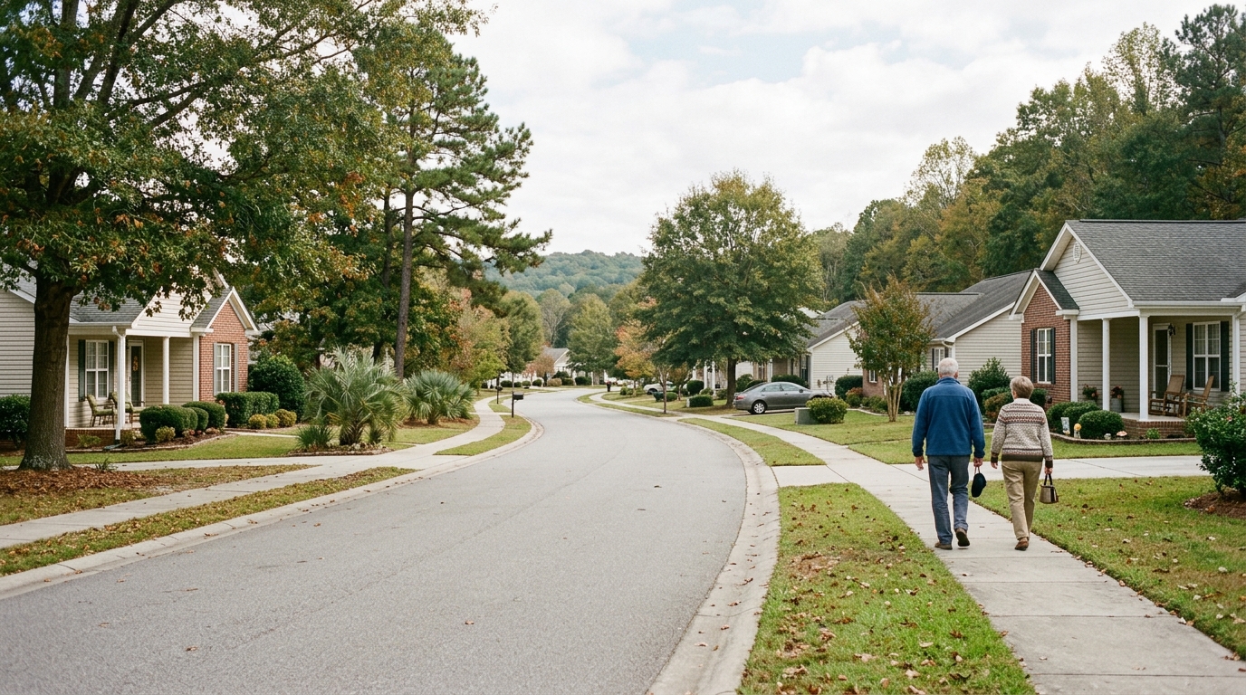 Two retirees walking down a quiet, tree-lined residential street of single-story homes with wooded hills in the background, on a mild overcast day.