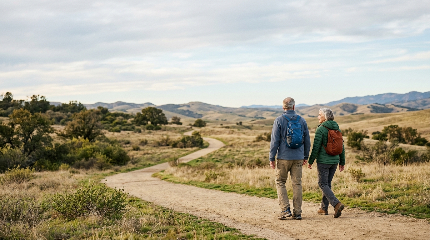 Older couple hiking on a broad scenic trail through open foothill landscape.