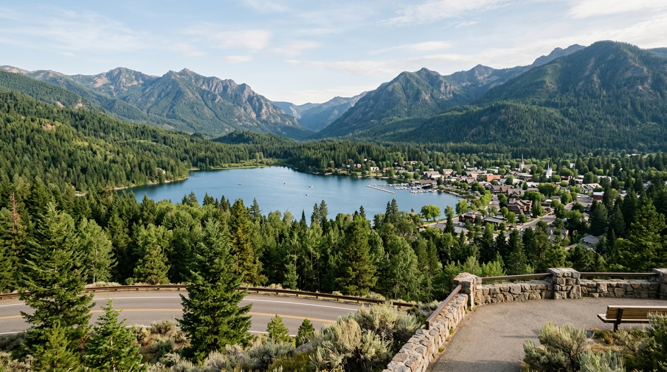 Elevated overlook of a small lake town surrounded by forested mountains, representing a retirement destination with comparatively lower natural-disaster risk