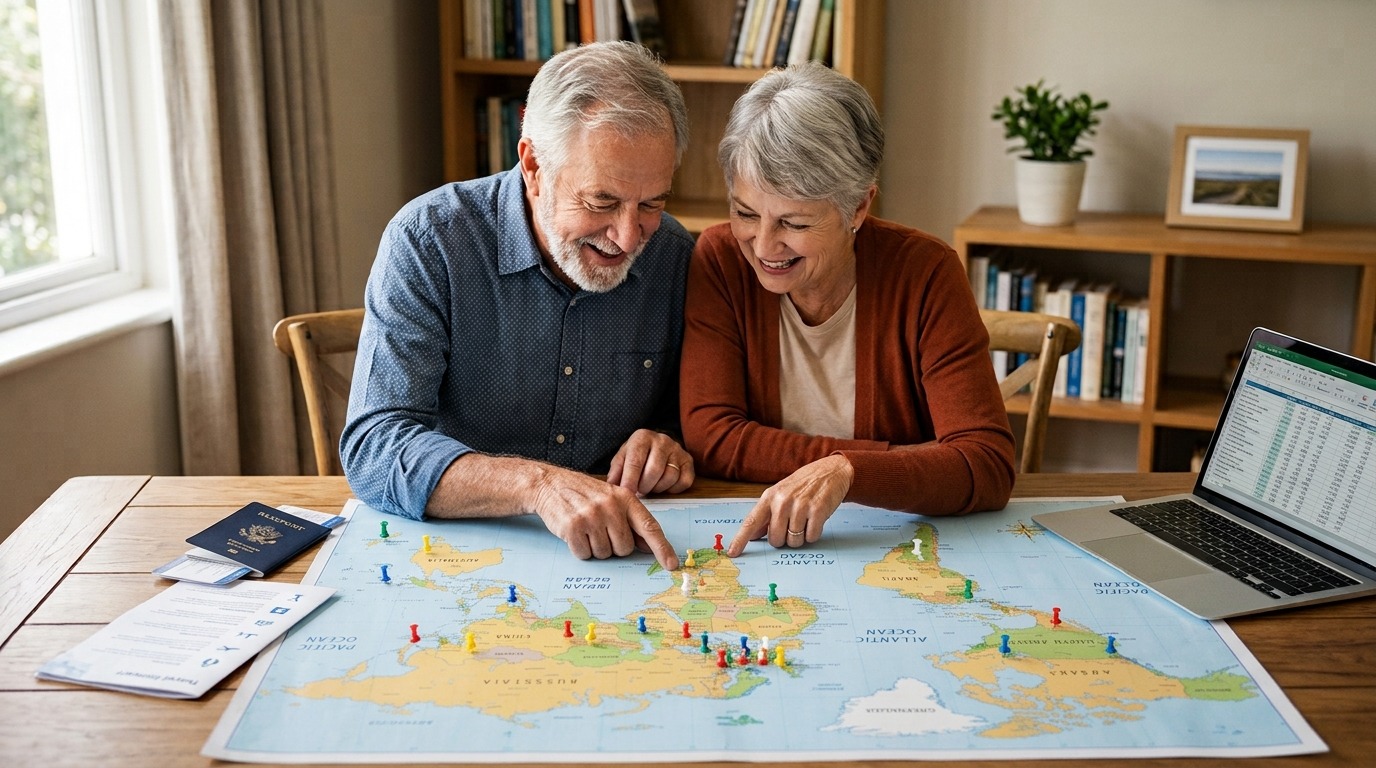 A smiling senior couple at a home table, pointing at a large world map marked with several pins, next to a passport, travel documents, and a laptop showing a spreadsheet.